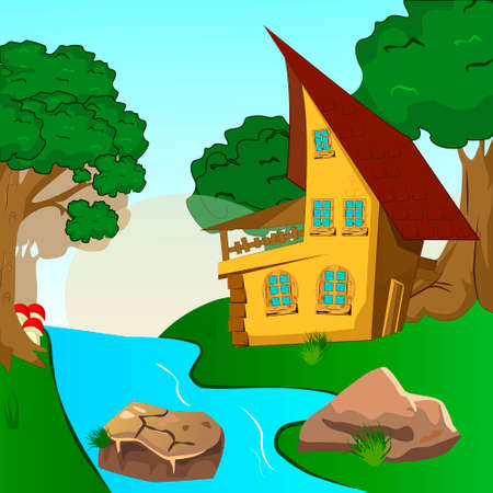 House Inside Green Fields Illustration Of A Cartoon House On A Top Of A Hill In Spring Or Summer Season Inside Rounded Green Landscape Royalty Free Vector Graphics
