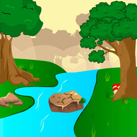 Blue river flowing across green forest vectorのイラスト素材