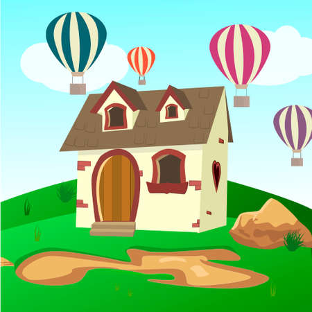 House Inside Green Fields Illustration of a cartoon house on a top of a hill in spring or summer season, inside rounded green landscapeのイラスト素材