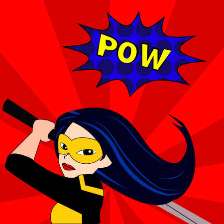 Superhero woman cartoon heroically overlooking the sunrise or sunset. EPS 10 vector.のイラスト素材