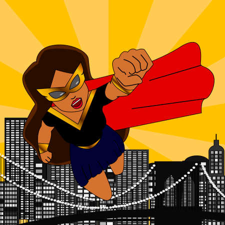 Superhero woman cartoon heroically overlooking the sunrise or sunset. EPS 10 vector.のイラスト素材