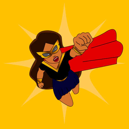 Superhero woman cartoon heroically overlooking the sunrise or sunset. EPS 10 vector.のイラスト素材