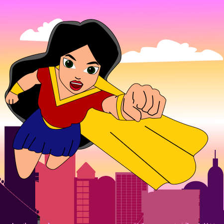 Superhero woman cartoon heroically overlooking the sunrise or sunset. EPS 10 vector.のイラスト素材