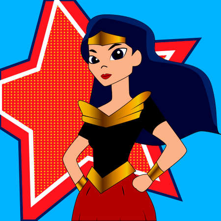 Superhero woman cartoon heroically overlooking the sunrise or sunset. EPS 10 vector.のイラスト素材