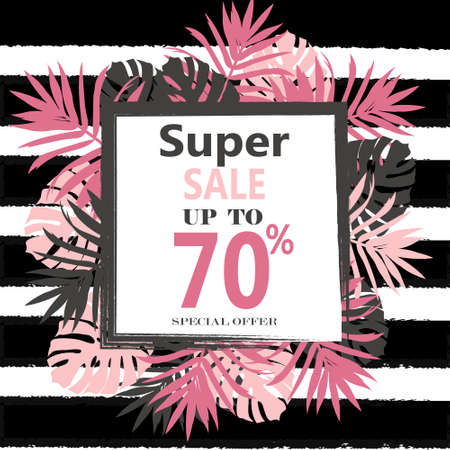 Super Sale banner, poster with  exotic leaves and flowers.のイラスト素材