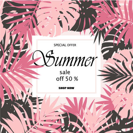 Sale banner, poster with palm leaves, jungle leaf and handwriting lettering. Floral tropical summer background. Vector illustration EPS10のイラスト素材