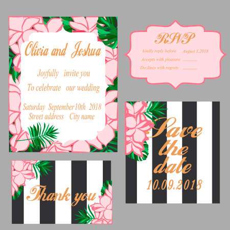Trendy tropical jungle style vector wedding print set. Invitation cards, menu and envelope vector templates with exotic green, blue, pink plants with glittering gold blots and stripes texture.のイラスト素材
