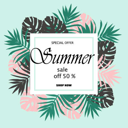 Sale banner, poster with palm leaves, jungle leaf and handwriting lettering. Floral tropical summer background. Vector illustration EPS10のイラスト素材