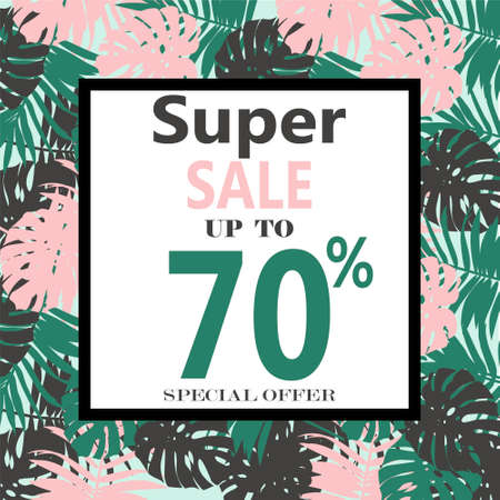 Super Sale banner, poster with Tropical Exotic Leaves and Flowers. Discount Design Background with Jungle Palm Leavesのイラスト素材