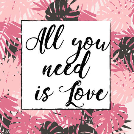 All you need is love quote with hand drawn flowers and lettering.のイラスト素材