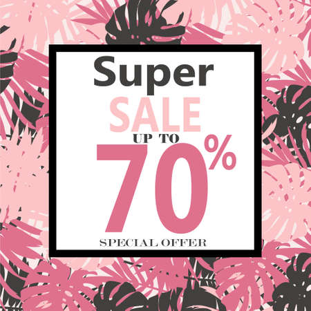 Super Sale banner, poster with Tropical Exotic Leaves and Flowers. Discount Design Background with Jungle Palm Leavesのイラスト素材