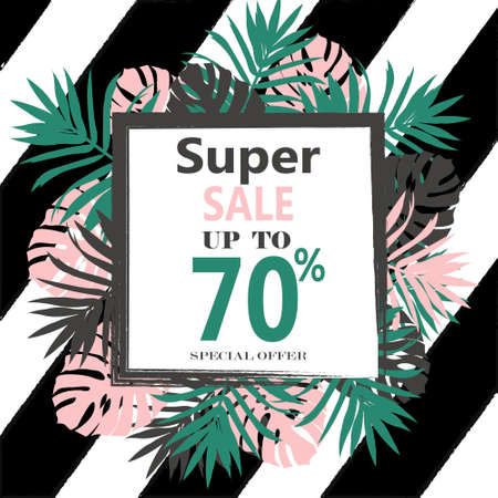 Super Sale banner, poster with Tropical Exotic Leaves and Flowers. Discount Design Background with Jungle Palm Leavesのイラスト素材