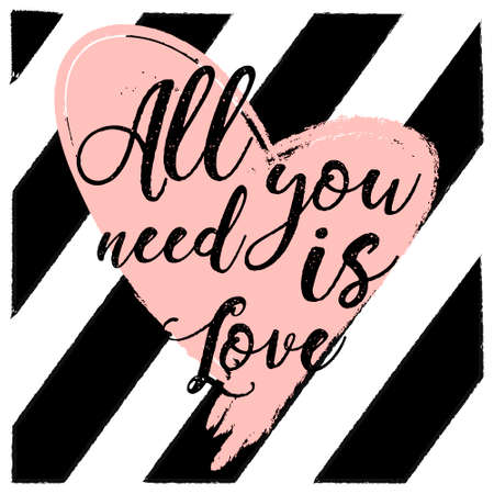 Black and white striped background with gold watercolor heart with hand drawn lettering - all you need is love.のイラスト素材