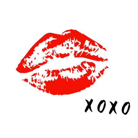 XOXO hugs and kisses brush lettering and lipstick kiss on a white background. Vector.のイラスト素材