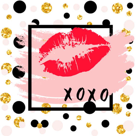 XOXO hugs and kisses brush lettering and lipstick kiss on a white background. Vector.のイラスト素材