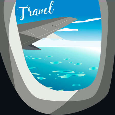 View from airplane. Flight window. Vacation destinations. Tropical beach. Flat web vector banner.のイラスト素材