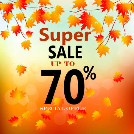 Autumn sale banner with colorful fall leaves. Vector illustration of discount tags on the blue sky backgroundのイラスト素材