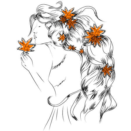 Vector girl with autumn leaves in long hair illustrationのイラスト素材