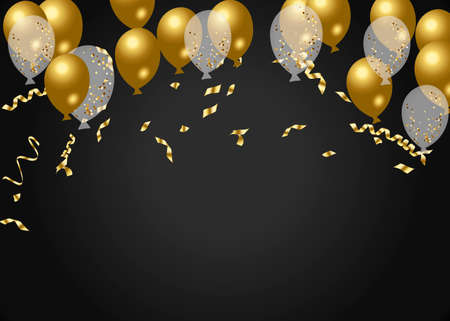 Party shiny banners with air balloons and serpentine. Vector illustrationのイラスト素材