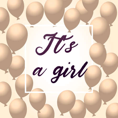 It's a Girl, Baby Shower Background. Vector illustration. Pink Cute Greeting Card with Bunch of Balloons, Bow Ribbon. Polka Dots Backdrop, Confetti Salute, Party Invitation.のイラスト素材