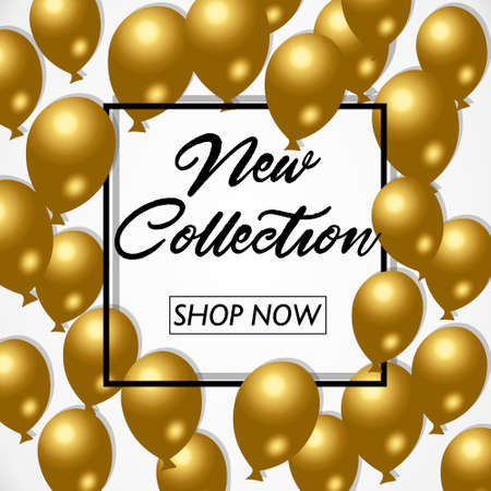 r new collection banner. Vintage style text poster with graphic elements and flying an inflatable, colorful, balloons. Template, mock-up online shopping, advertising actions, magazines and other.のイラスト素材
