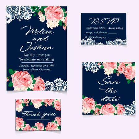 Set of wedding invitations and announcements with vintage lace ansd flowersのイラスト素材