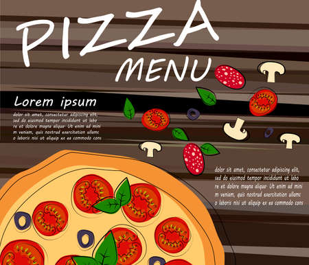 Pizza restaurant menu template with ingredients. Vector illustration.のイラスト素材