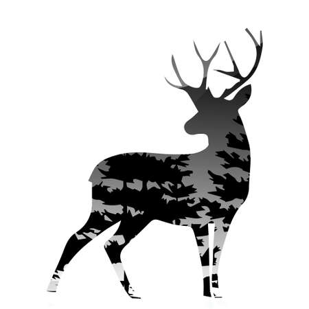 silhouette of a deer with pine forest white background, vector illustrationのイラスト素材