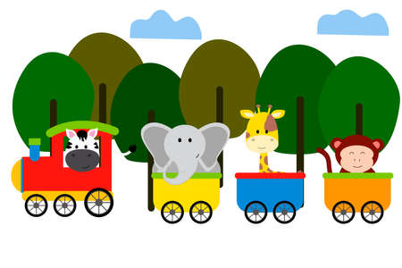 Cute animal on train vector colorful illustrationのイラスト素材
