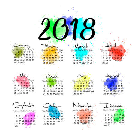A scalable vector calendar for the year 2018, all on one page. Each of the twelve months and the cover is presented on a corresponding bright watercolor texture. There is a place for text and logosのイラスト素材
