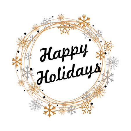 Happy Holidays text for winter celebration of Christmas and New Year. Calligraphy lettering with ornament of golden wreath and silver snowflakes, starsの写真素材
