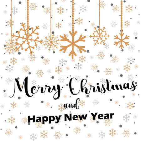 Merry Christmas lettering with golden and silver ornaments and wreath decoration of stars, snowflakes. Merry Christmas calligraphic greeting cardのイラスト素材