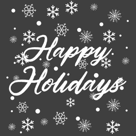Happy Holidays text for winter celebration of Christmas and New Year. Calligraphy lettering with ornament of golden wreath and silver snowflakes, starsの写真素材