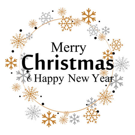 Merry Christmas lettering with golden and silver ornaments and wreath decoration of stars, snowflakes. Merry Christmas calligraphic greeting cardのイラスト素材