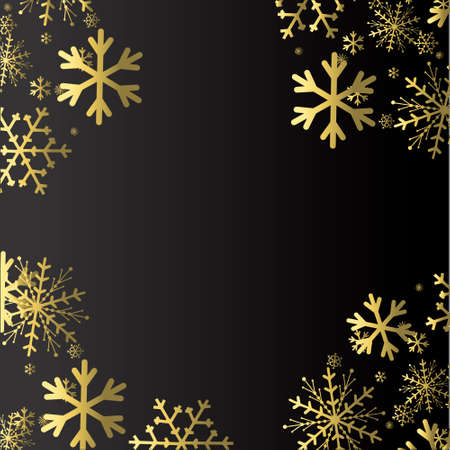 Gold Snowflakes on black background. Winter Holidays banner. Golden Snow flakesのイラスト素材