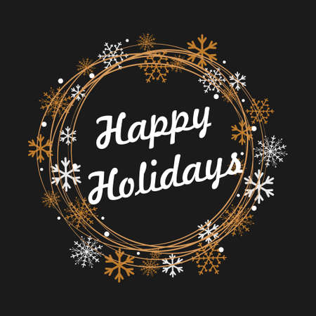 Happy Holidays text for winter celebration of Christmas and New Year. Calligraphy lettering with ornament of golden wreath and silver snowflakes, starsのイラスト素材