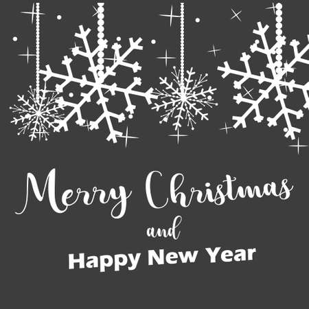 Merry Christmas lettering with golden and silver ornaments and wreath decoration of stars, snowflakes. Merry Christmas calligraphic greeting cardのイラスト素材