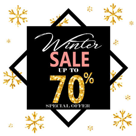 Elegant Merry Christmas lettering design with shining gold glittering snowflakes in white frame on black background. Vector illustrationのイラスト素材