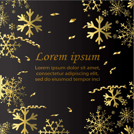 Gold Snowflakes on black background. Winter Holidays banner. Golden Snow flakesのイラスト素材