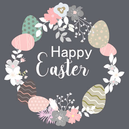 Hand drawn vector greeting card. Happy Easter day wreath. Colorful easter eggs, spring flowers, blossom. Lettering.のイラスト素材