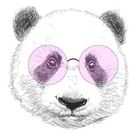 Hand drawn portrait of panda with sunglasses and bow tie. Vector isolated illustrationのイラスト素材