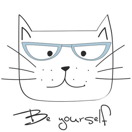 cool print children's T-shirt with cat, vector illustration, hand drawn cat with glassesのイラスト素材