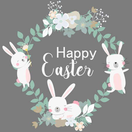 Easter Wreath vector illustration with flowers bunnies and eggsのイラスト素材