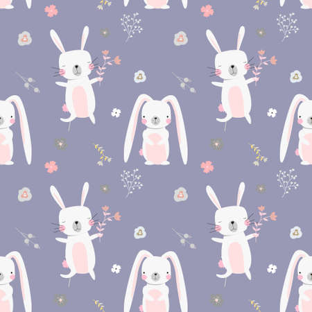 Lovely rabbits in hearts and flowers. Cute childish seamless pattern in cartoon style. Seamless pattern can be used for wallpapers, pattern fills, web page backgrounds, surface texturesのイラスト素材