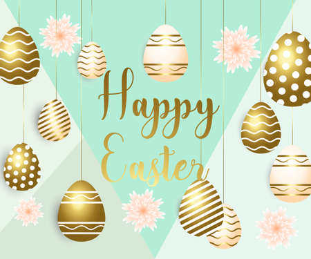 Happy easter template with gold ribbon and eggs, frame, green background and gold confetti. Vector illustration. Design layout for invitation, card, menu, banner, poster, voucherのイラスト素材