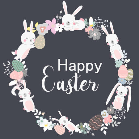 Easter Wreath vector illustration with flowers bunnies and eggsのイラスト素材