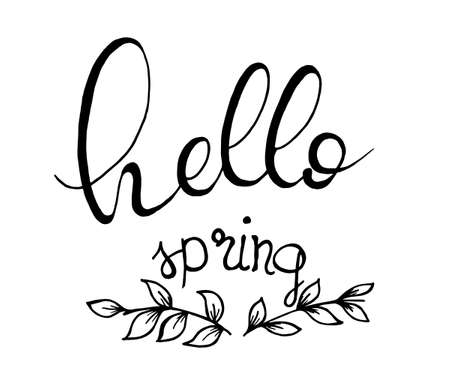 vector hand lettering greetings text hello spring with doodle flowersのイラスト素材