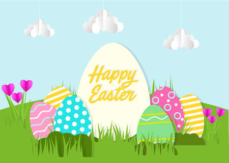 Easter card with paper cut egg shape frame with spring flowers background.のイラスト素材
