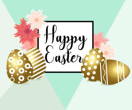 Happy Easter egg with flowers, ribbon. Happy easter template with gold ribbon and eggs,のイラスト素材