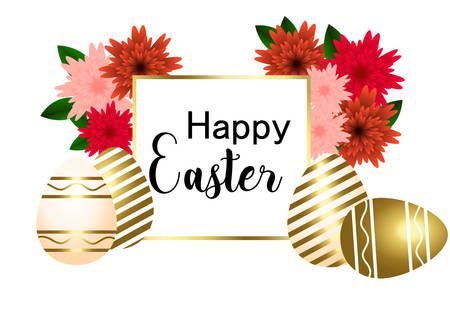 Happy Easter egg with flowers,ribbon. Happy easter template with gold ribbon and eggs, framのイラスト素材